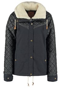 Veste noire avec manches matelassées, boutons marron, cordons au niveau du col et de l'ourlet, et doublure de col en polaire blanche épaisse.