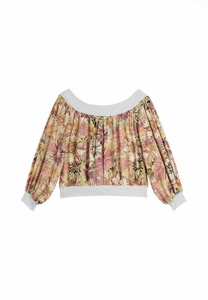 Off-the-shoulder blouse with long puffed sleeves, white ribbed cuffs and neckline, featuring a pink and beige floral pattern.