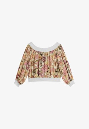Blouse épaules dénudées à manches longues bouffantes, poignets et encolure en côte blanche, avec un motif floral rose et beige.