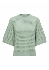 Ljusgrön stickad kortärmad tröja med ett strukturerat öppet vävmönster och ribbade ärmslut. Klassisk rund halsringning.