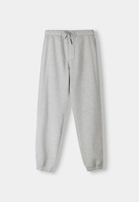Graue Baumwoll-Sweatpants mit elastischem Bund und Zugband. Sie verfügen über schmal zulaufende Beine mit elastischen Bündchen und Seitentaschen für Funktionalität.