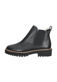 Zwarte leren Chelsea-boot met elastische zijpanelen, ronde neus en een stevige rubberen zool met een robuust profiel.
