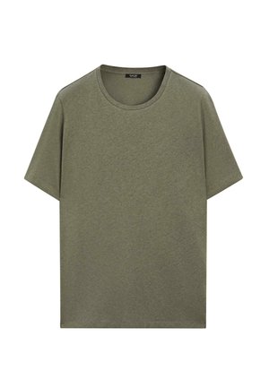 Effen olijfgroene T-shirt met korte mouwen en een ronde hals, plat liggend op een witte achtergrond.