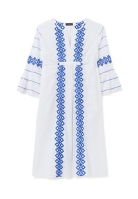 Abito bianco con ricamo a diamante blu lungo il centro e sulle maniche. Presenta una scollatura rotonda e un design a manica svasata.