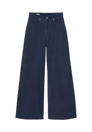Pantalon en velours côtelé bleu marine foncé, avec un bouton à la taille, des poches avant et des jambes larges et longues.
