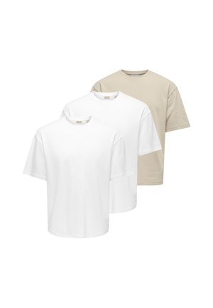 Tre ensfarvede T-shirts med korte ærmer og rund hals, to hvide og en beige, vist overlappende på en hvid baggrund.