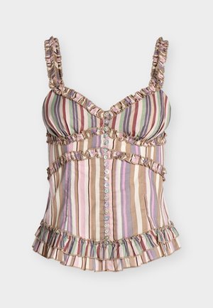 Triibuline varrukateta pluus esitelgedega, volangiga detailid rihmadel, büstil, vööl ja äärel pastels rohelise, roosa, beeži, lilla ja pruunide toonidega.