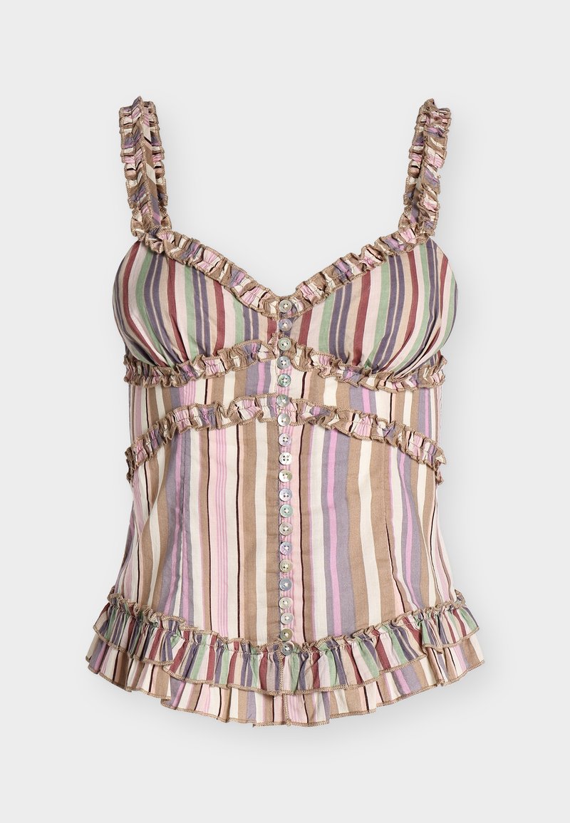 Ριγέ αμάνικη μπλούζα με κουμπιά στο μπροστινό μέρος, με βολάν στις τιράντες, στο μπούστο, στη μέση και στο τελείωμα σε παστέλ αποχρώσεις πράσινου, ροζ, μπεζ, μοβ και καφέ.