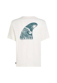 White cotton t-shirt featuring a teal wave graphic with palm trees and text on the back. Short sleeves, crew neck design.