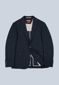 Navy striped blazer with notch lapels, two front pockets, and buttoned cuffs. Interior features a contrasting light-colored lining.