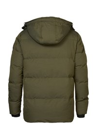 Geacă puffer de culoare verde măslinie cu glugă, cu un design de tip quilted orizontal, manșete elastice și o textură netedă.