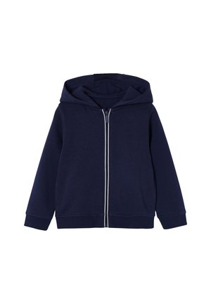 Navy blue zip-up hoodie with long sleeves, ribbed cuffs, and a hood, displayed flat on a white background.