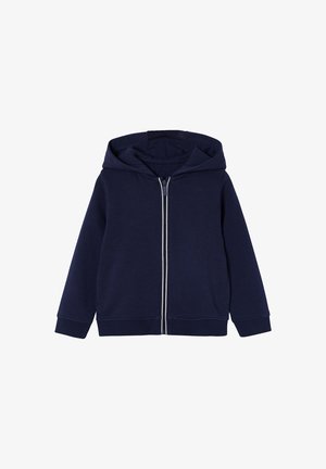 Navy blue zip-up hoodie with long sleeves, ribbed cuffs, and a hood, displayed flat on a white background.