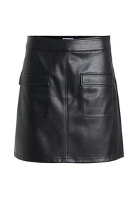 Falda corta de cuero negro con una textura suave, que incluye dos bolsillos frontales y una cinturilla ajustada. Líneas limpias y diseño minimalista.