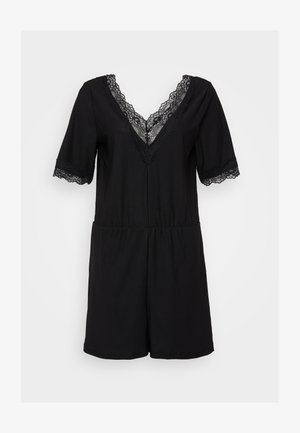 Svart romper med korte ermer, V-hals og blonder. Har elastisk liv for en avslappet passform og en glatt stofftekstur.