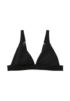 Bralette triangolare in tessuto morbido nero con spalline regolabili ed elastico sotto il seno, senza imbottitura né ferretto.