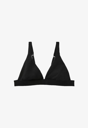 Bralette triangle en tissu noir doux avec bretelles réglables et bande élastique sous la poitrine, sans rembourrage ni armature.