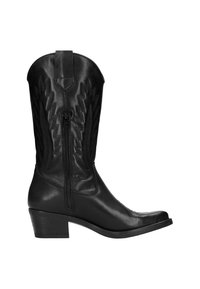 Stivali da cowboy in pelle nera con punta affilata, pannelli laterali texturizzati e zip laterale. Presentano un tacco a blocco basso e cuciture decorative.