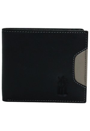 Black leather wallet with gray accent, bi-fold design, white stitching, and embossed logo on the front. Compact and textured finish.