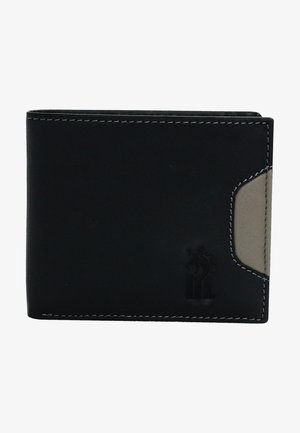 Schwarzes Lederportemonnaie mit grauem Akzent, zweifach zusammenklappbares Design, weiße Nähte und geprägt Logo auf der Vorderseite. Kompakt und mit strukturierter Oberfläche.