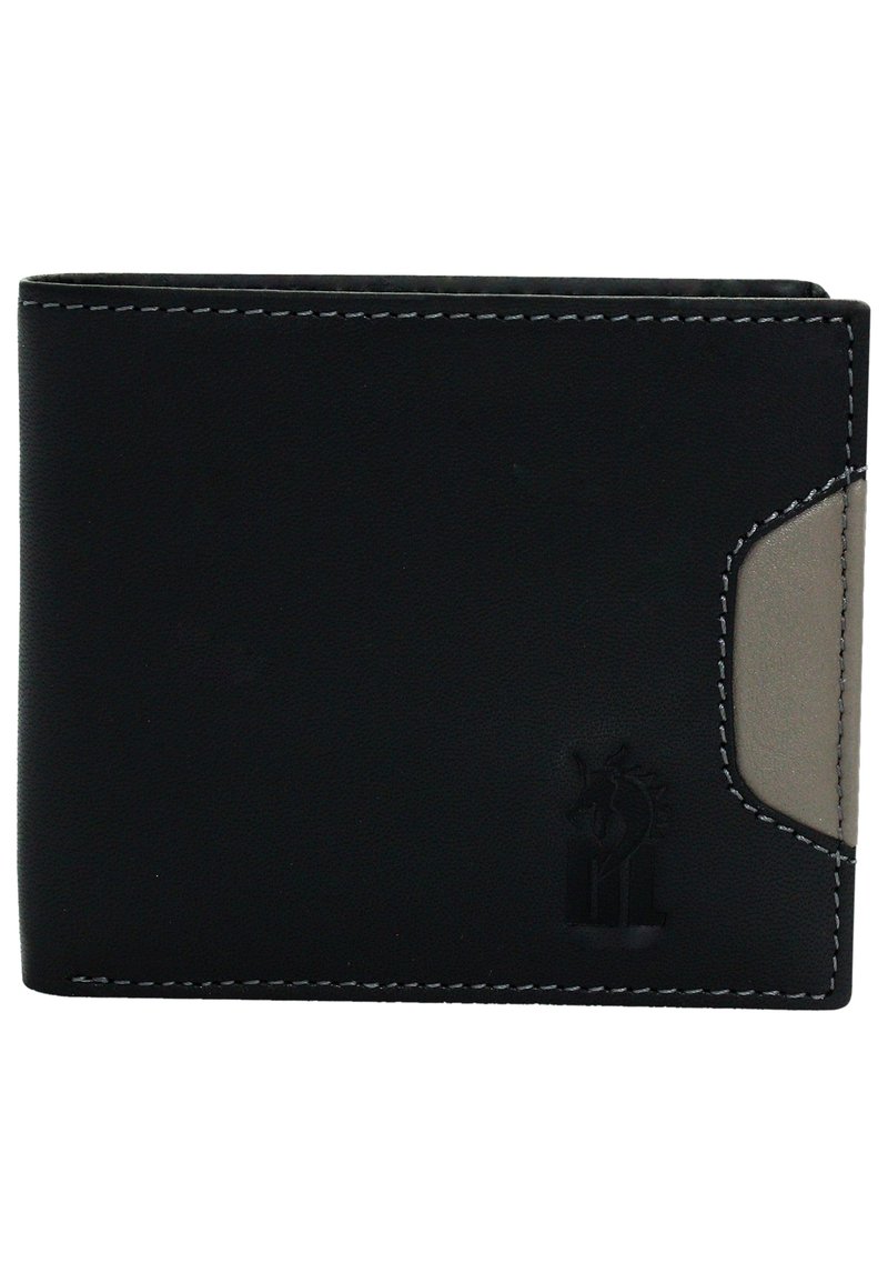 Black leather wallet with gray accent, bi-fold design, white stitching, and embossed logo on the front. Compact and textured finish.