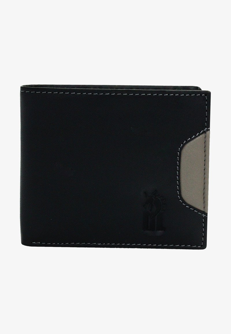 Zwart leren portemonnee met grijze accenten, bi-vouw ontwerp, witte stiksels en een reliëflogo op de voorkant. Compact en met een texture afwerking.