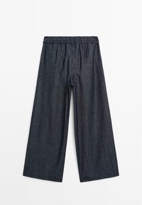 Donkerdenim wijde-lengte broeken met een elastische tailleband, met een gladde textuur en een losse pasvorm voor comfort. Geen zichtbare zakken.