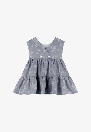 Robe en coton grise avec un col en V, motif libellule brodé et deux boutons sur le devant. L'ourlet est froncé pour plus de texture.