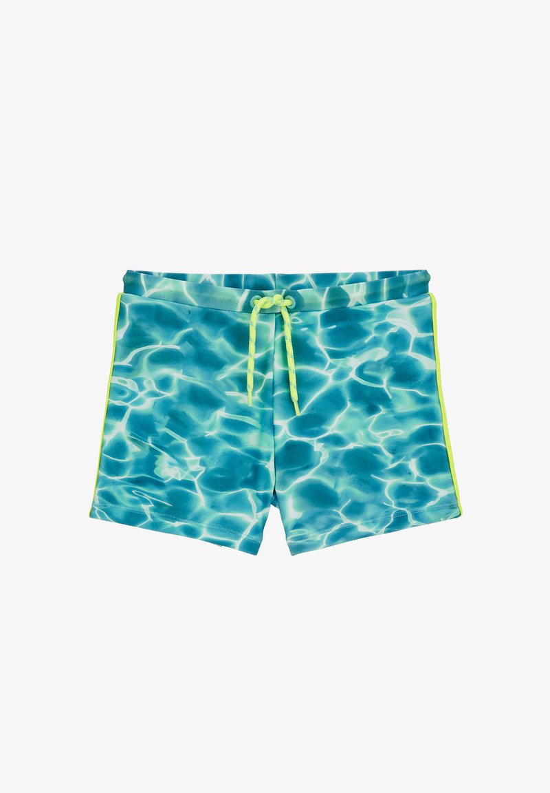 Shorts de bain pour hommes avec un motif aquatique bleu, fabriqués en tissu léger et à séchage rapide, avec un cordon de serrage vert contrastant et des accents.