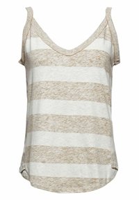 Top sin mangas en beis claro y blanco, con escote en V, tirantes finos y un tejido suave y ligero con un acabado ligeramente texturizado.