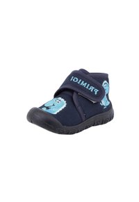 Scarpa per bambini blu navy con tomaia in tessuto, cinturino in Velcro, suola in gomma e design ricamato di un mostro blu sulla parte anteriore.