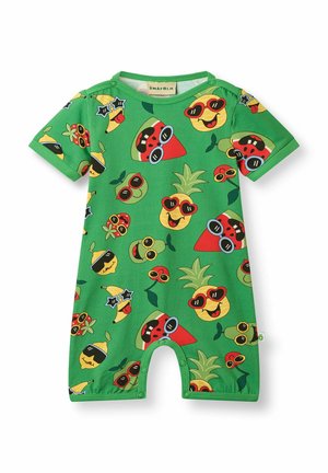 Zielony pajacyk dziecięcy z kolorowymi, kreskówkowymi owocami w okularach przeciwsłonecznych, w tym ananasy, arbuzy, banany i wiśnie.