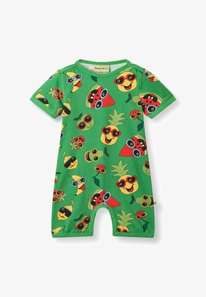 Zelený detský overal s farebnými kreslenými ovocnými postavičkami v slnečných okuliaroch, vrátane ananásov, melónov, banánov a čerešní.