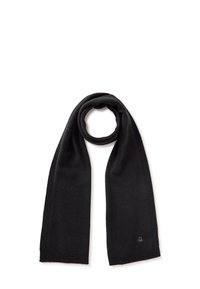 Bufanda negra de punto, textura suave, forma rectangular, con extremos acanalados y un pequeño logo de acento en un lado.