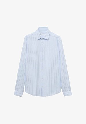 Helles blaues Langarm-Hemd mit feinen vertikalen Streifen, klassischem Kragen und geradem Saum. Aus leichtem Stoff gefertigt.