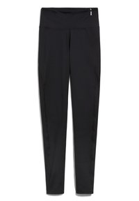 Zwarte legging gemaakt van rekbaar, vochtafvoerend materiaal met een hoge tailleband, voorzien van platte naden en zijzakken.