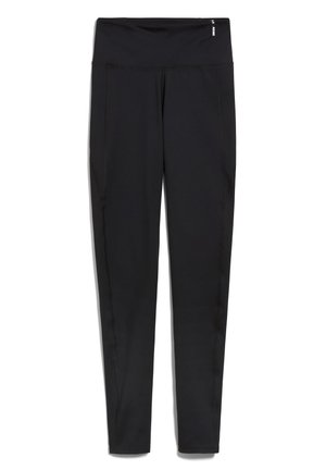 Schwarze Leggings aus dehnbarem, feuchtigkeitsableitendem Material mit hohem Bund, ausgestattet mit Flachnähten und Seitentaschen.