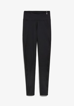 Zwarte legging gemaakt van rekbaar, vochtafvoerend materiaal met een hoge tailleband, voorzien van platte naden en zijzakken.