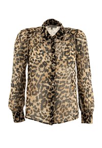 Blusa semi-trasparente con maniche lunghe a sbuffo, motivo leopardato, chiusura con bottoni sul davanti e colletto a punta nei toni beige, nero e marrone.