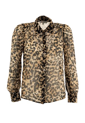 Blusa semi-trasparente con maniche lunghe a sbuffo, motivo leopardato, chiusura con bottoni sul davanti e colletto a punta nei toni beige, nero e marrone.