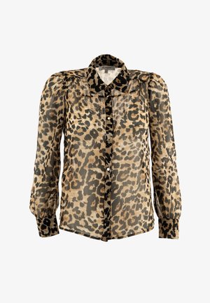 Half-transparante blouse met lange, geplooide mouwen, een luipaardpatroon, knoopsluiting aan de voorkant en een puntige kraag in beige, zwart en bruin tinten.
