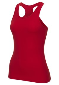 Rotes Tanktop aus glattem, dehnbarem Material. Verfügt über ein Racerback-Design und eine taillierte Silhouette, ohne sichtbare Muster oder Verzierungen.