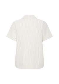 Vue de dos d'une chemise à manches courtes avec col, fines rayures verticales beiges sur fond écru, présentée sur un fond blanc uni.