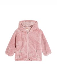 Rosa, flauschige Zip-Jacke mit Kapuze, weicher Textur, langen Ärmeln und zwei vorderen Reißverschlusstaschen.