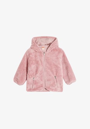 Chaqueta de felpa rosa con cremallera y capucha, textura suave, mangas largas y dos bolsillos frontales con cremallera.