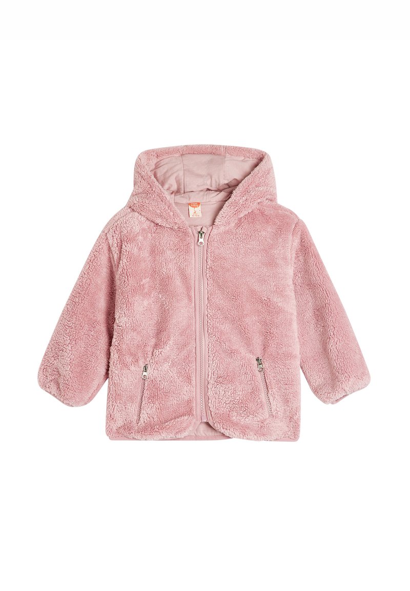 Rosa, flauschige Zip-Jacke mit Kapuze, weicher Textur, langen Ärmeln und zwei vorderen Reißverschlusstaschen.