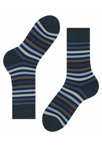 Calze a righe blu e grigie con punta e risvolto scuri, morbide al tatto e con un logo rosa di lato.