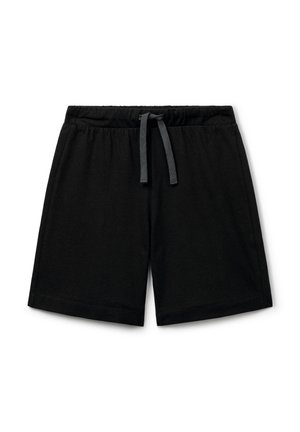 Schwarze Baumwollshorts mit elastischem Bund und grauem Kordelzug. Lässiges Design mit geraden Beinen und ohne Taschen. Glatte Textur.