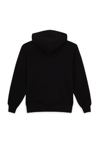 Sudadera con capucha negra de ajuste estándar. Presenta puños y dobladillo acanalados, fabricada con un material suave y de textura lisa. Vista trasera.