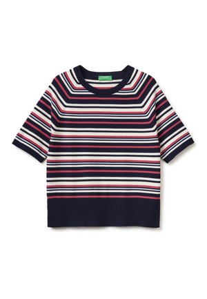 Maglia a maniche corte in maglia con strisce orizzontali navy, bianche e rosa e scollo rotondo.